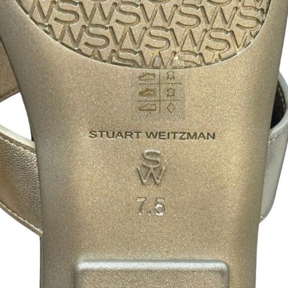 NEW Stuart Weitzman 7.5 Ibiza Woven-Strap Flat Slide Sandal Metallic Silver Gold - Picture 12 of 12